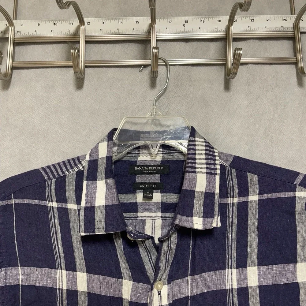 Banana Republic Shirt Men M Blue Plaid Linen Slim Button Up‎ Academia Vacation